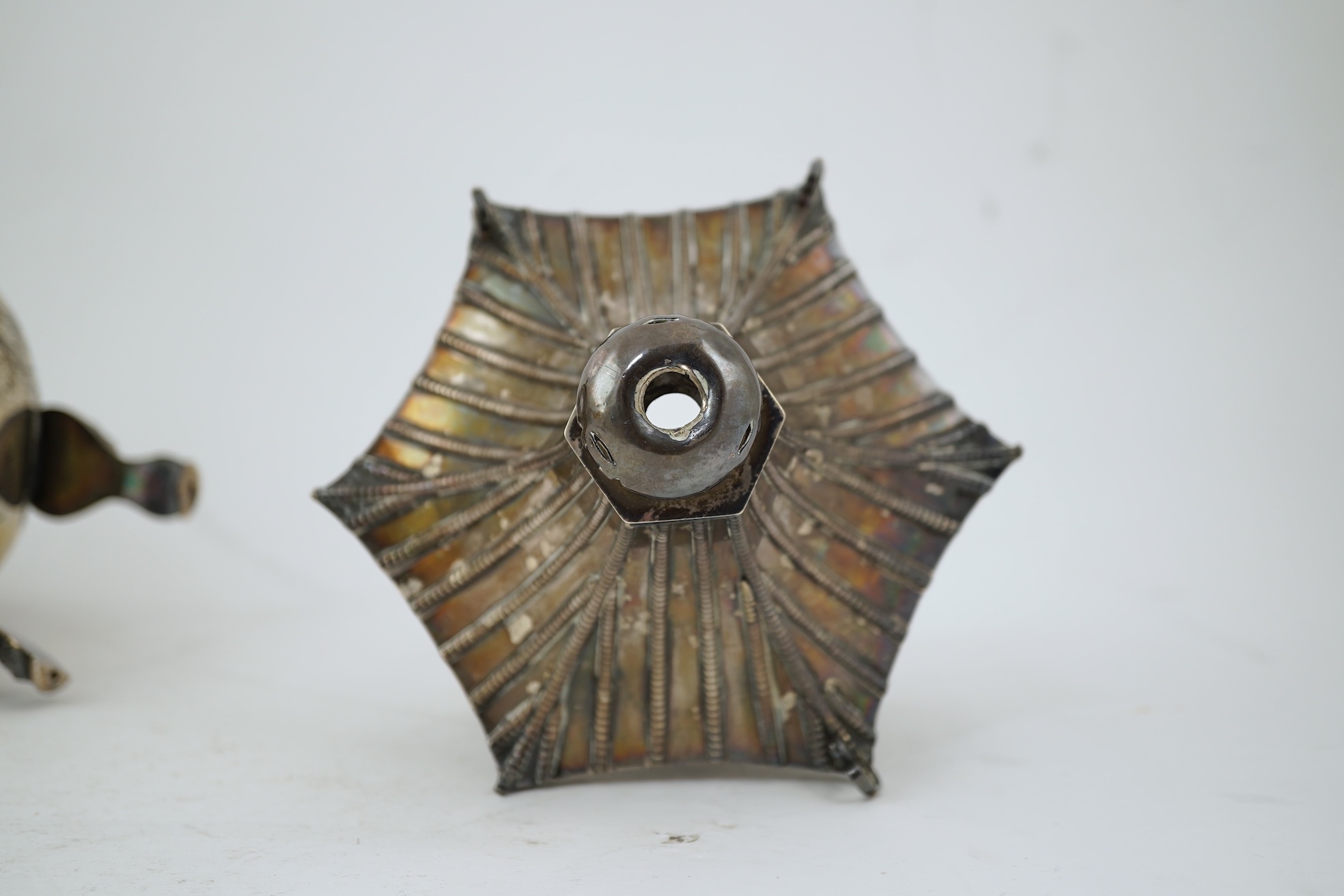 An unusual Chinese silver tripod censer with pagoda shaped cover, ding, early 20th century